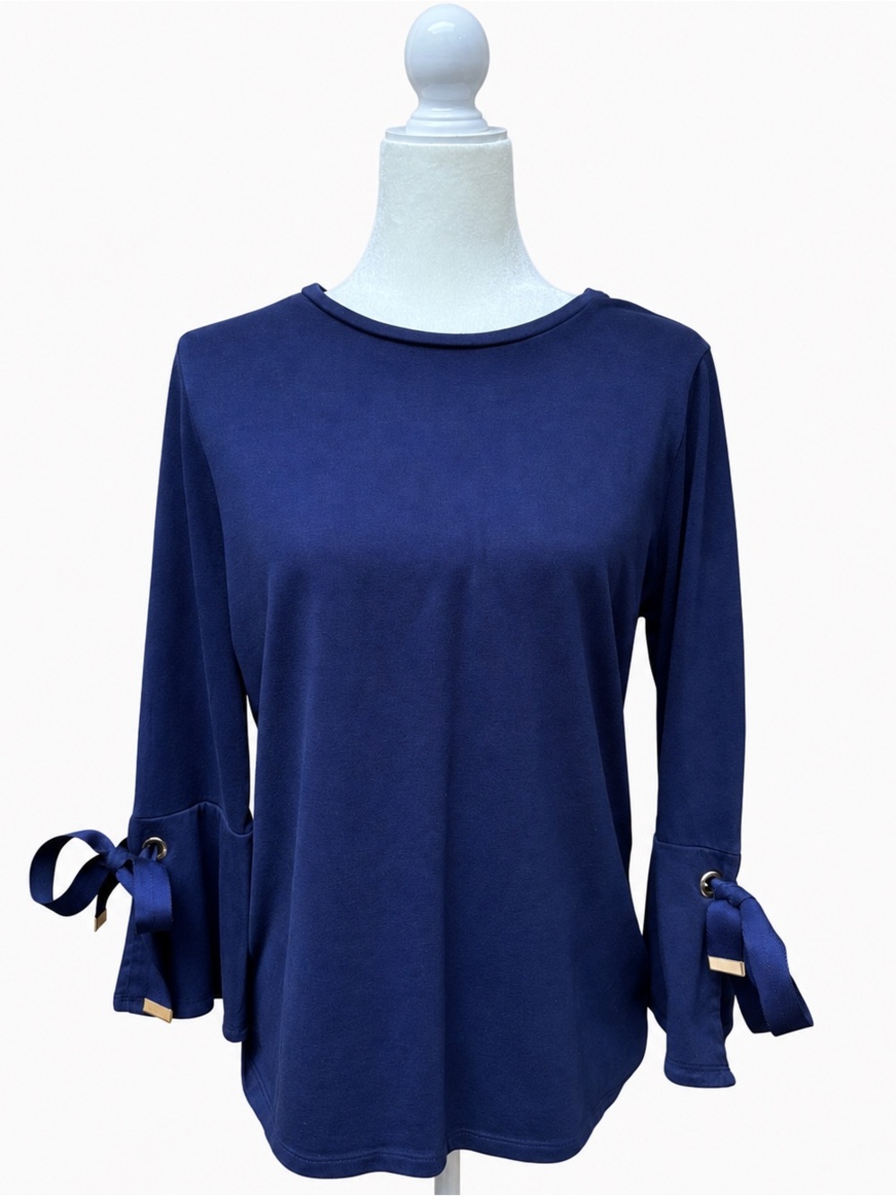 Lauren Ralph Lauren Navy Tie Sleeve Cotton Knit Top Size Large